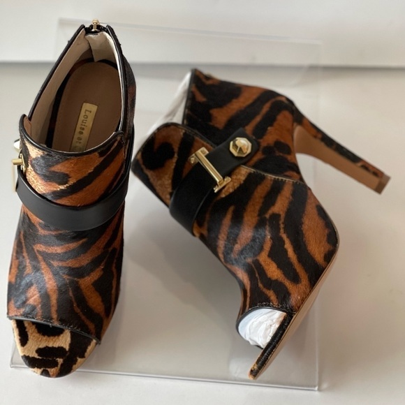 Women's Leopard Fur Ankle Bootie Stiletto Platform Pumps Heels Open Toe, Sz 6.5M - Picture 9 of 10